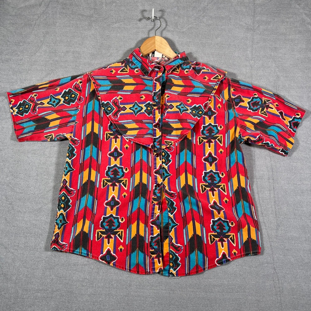 Rafter C Western Aztec Print Short Sleeve Button Up Shirt Mens L Red Cotton